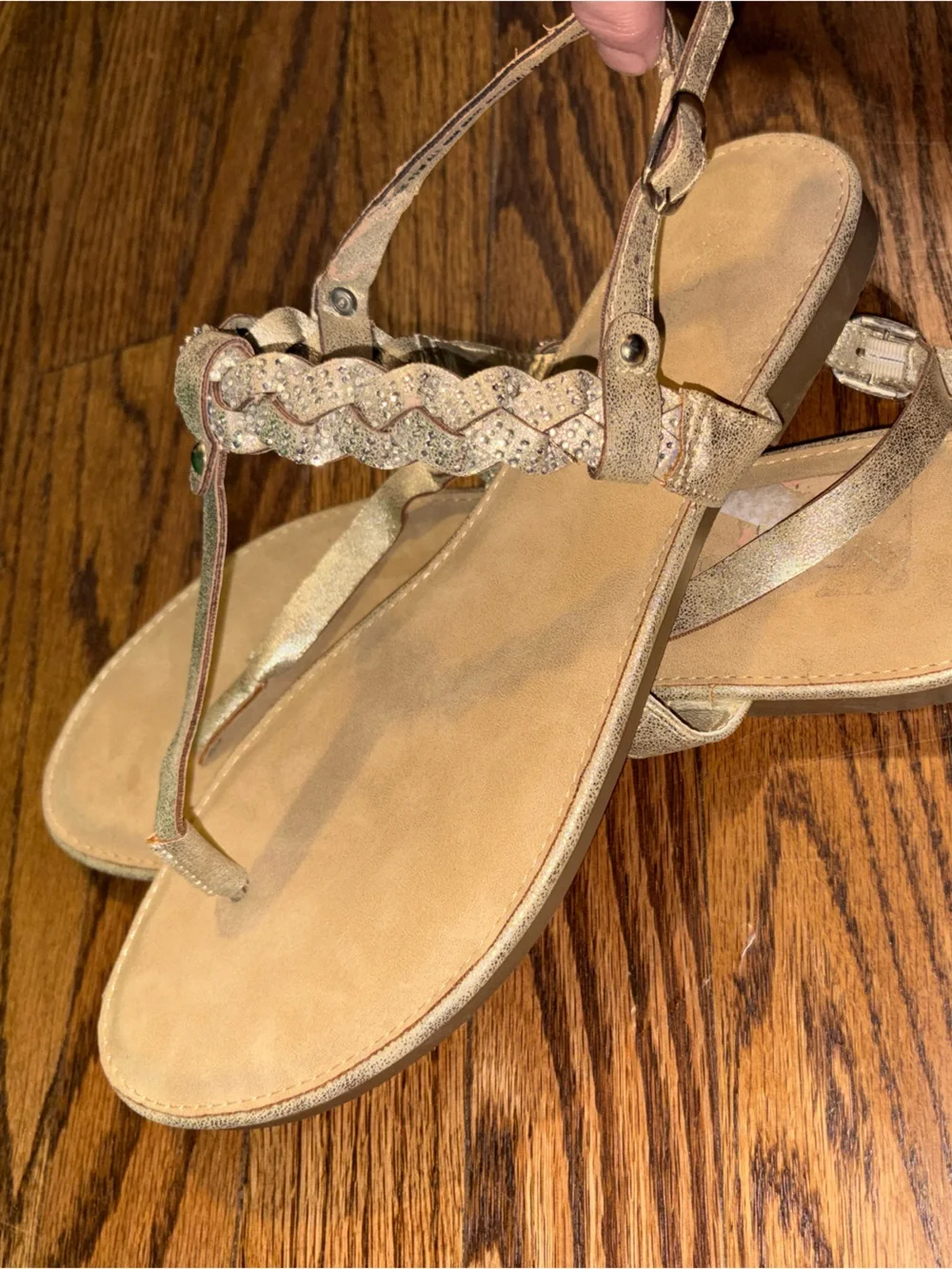 Andiamo Gold T-Back Braided Sandals W/ Bling & Buckle. Closure